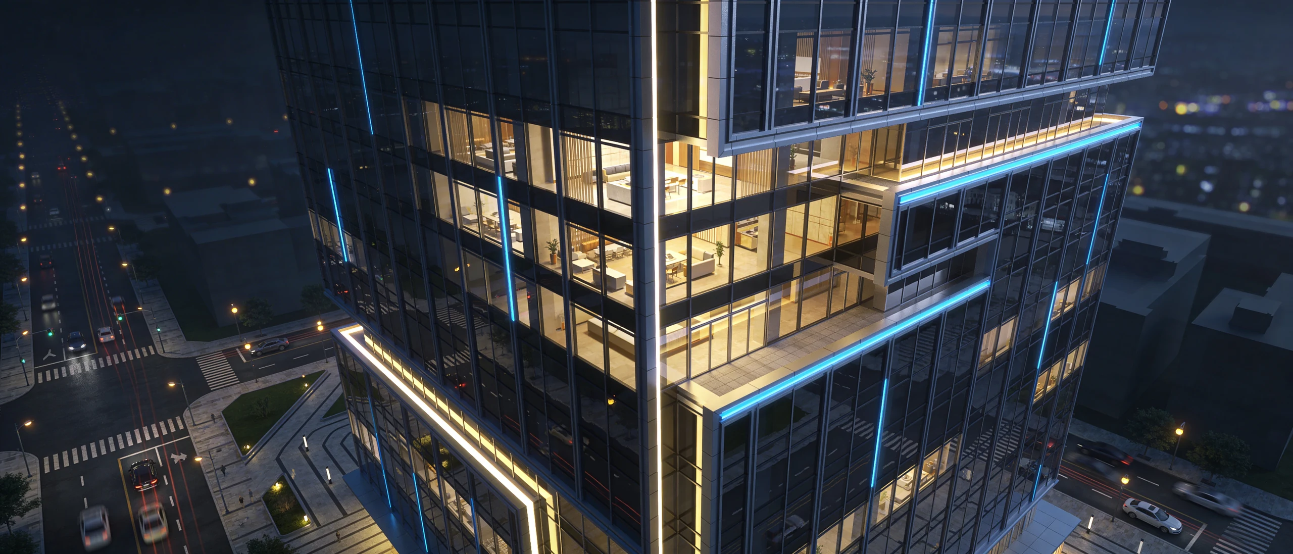 Architectural Low-Angle Perspective of Commercial Glass High-Rise with Neon Linear Facade Illumination